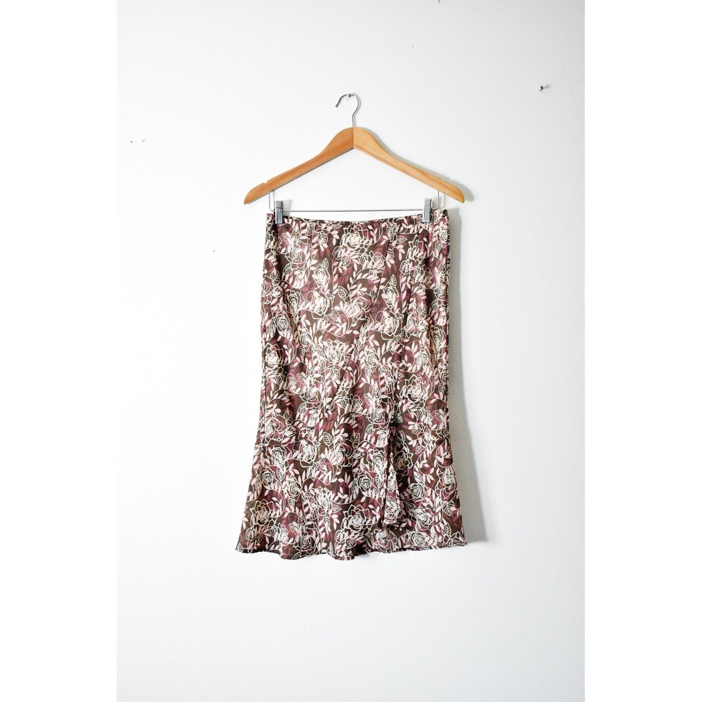 Fashion Bug Midi Skirt Women Medium Brown 90s Floral Flounce Hem Whimsigoth